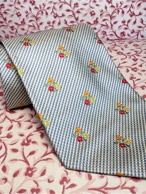 Faconnable Light Blue Micro-Check Tie with Floral Motif